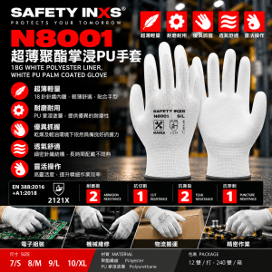 SAFETY-INXS N8001 超薄聚酯掌浸 PU 手套