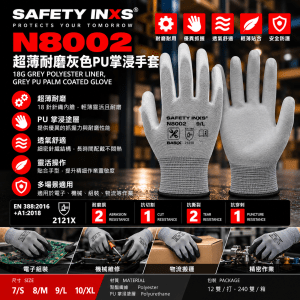 SAFETY-INXS N8002 超薄耐磨灰色 PU 掌浸手套
